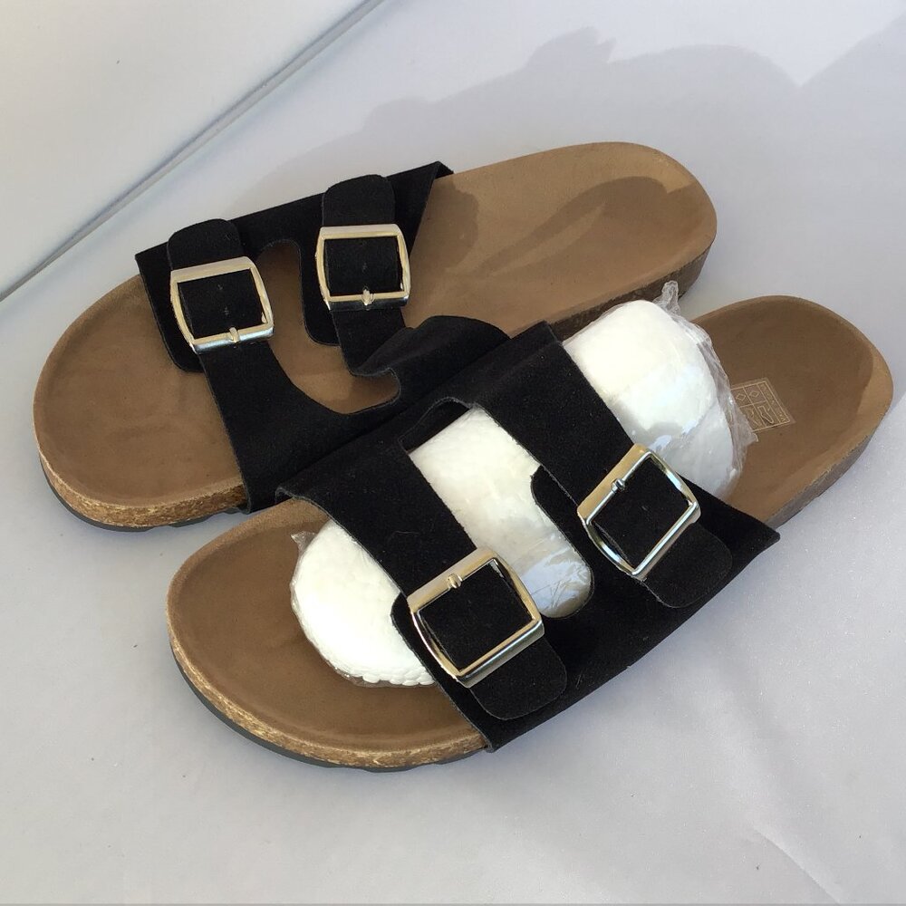 Women's Sandals Flat Slides Black/Brown Size 7M with Adjustable Straps
